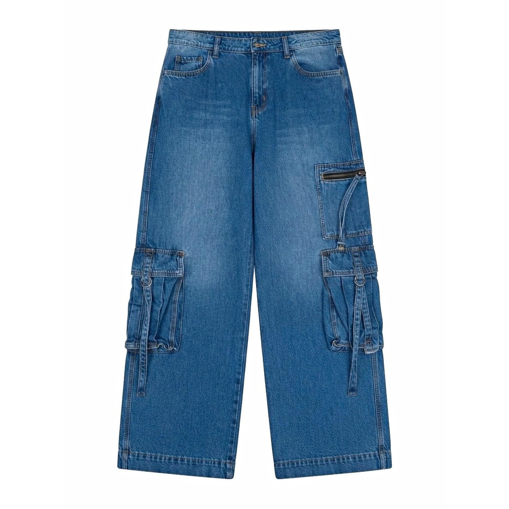 Wild Fable Women's Mid Rise Relaxed Cargo Jeans Blue Medium Wash Cotton 90s